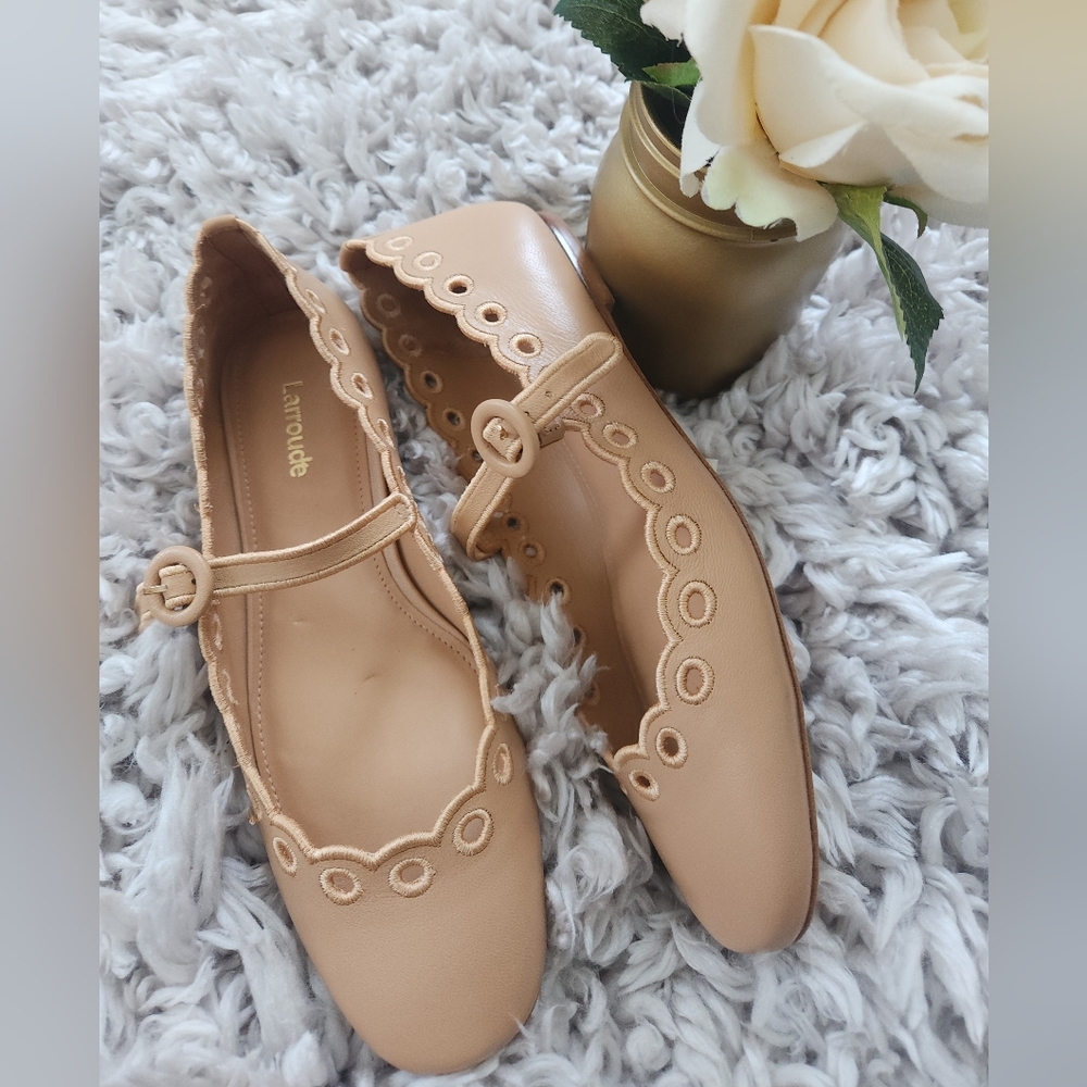 Larroude Tan Flats with Scalloped Edges
